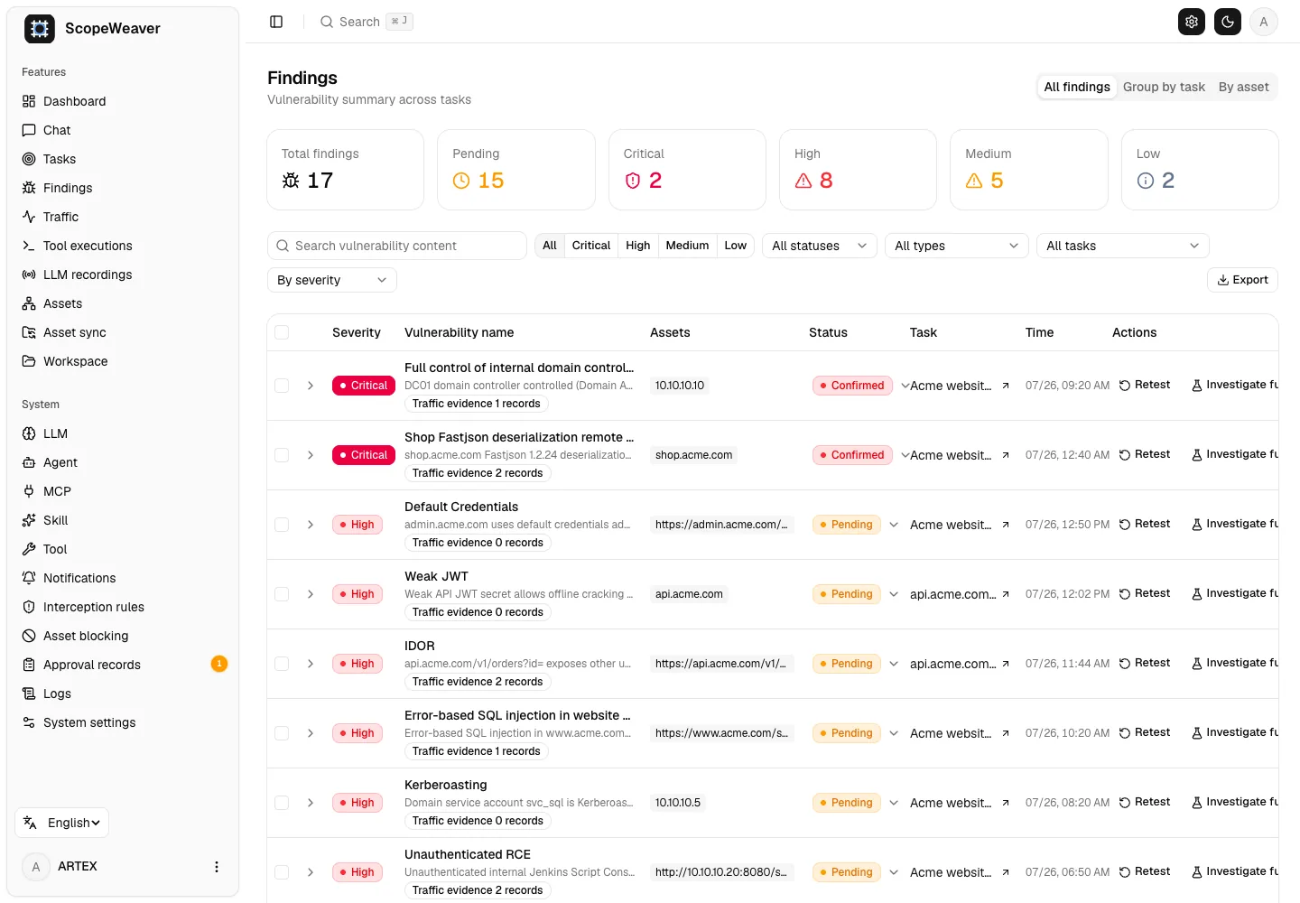 Horda console findings list with severity, status and evidence with demo data