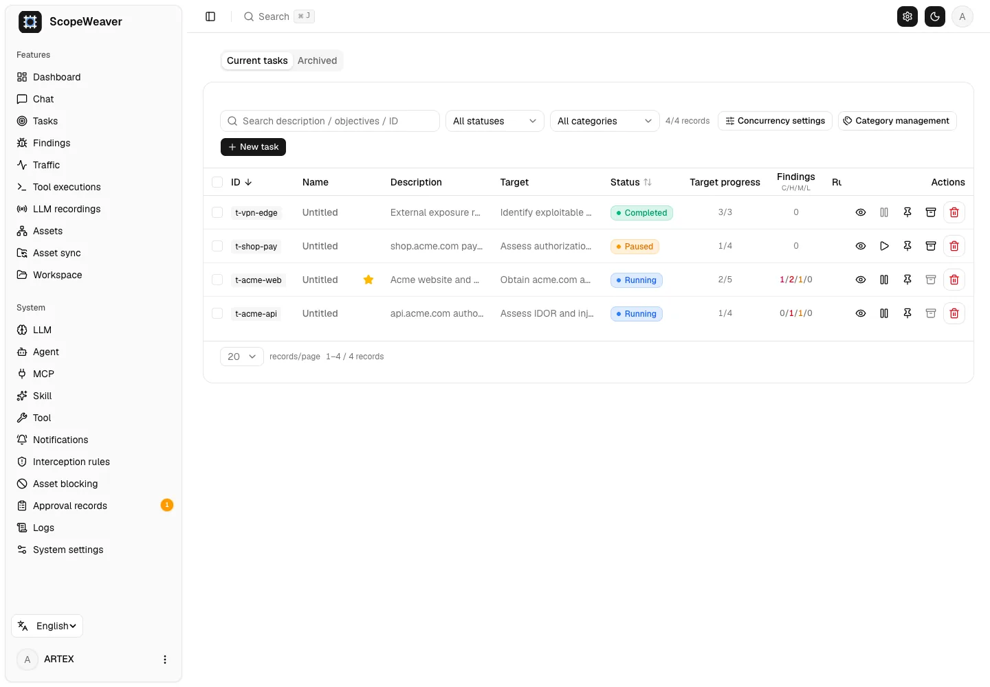 Horda console task view showing agent directions and observations with demo data