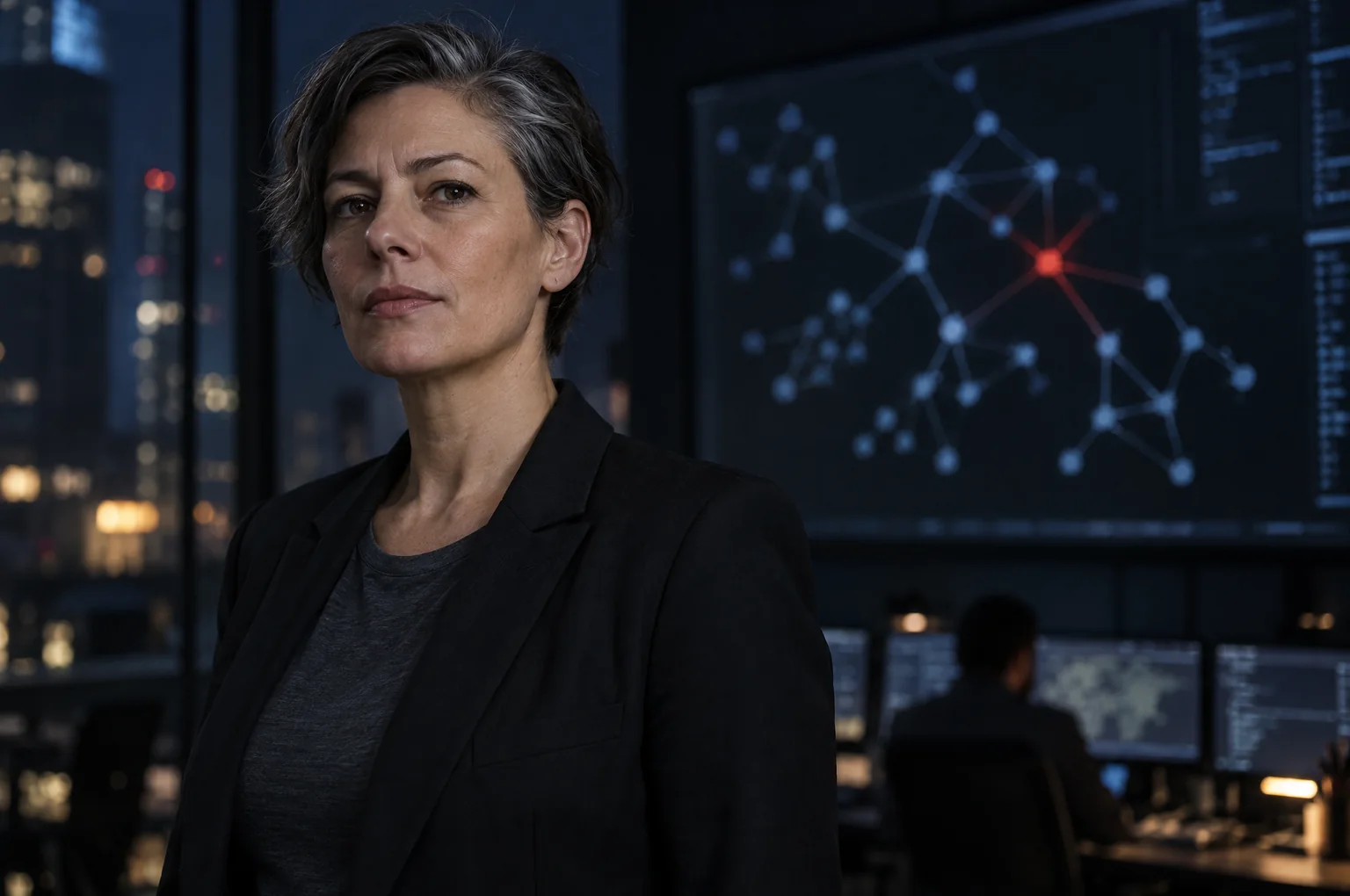 A senior penetration tester in a dark office at night, a screen with an attack graph and one red node behind her