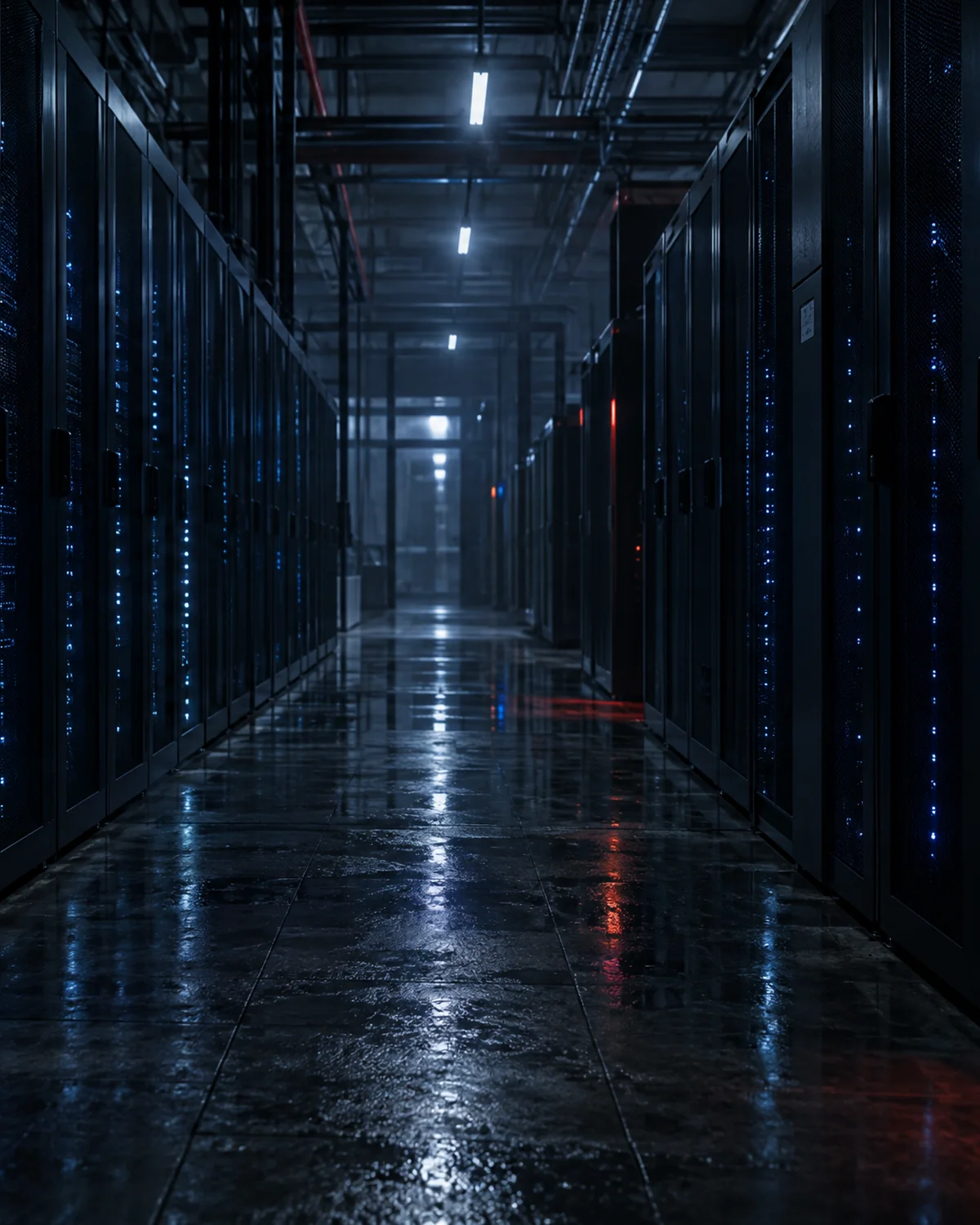 A data center corridor at night, rows of server racks with blue status lights and one rack glowing red