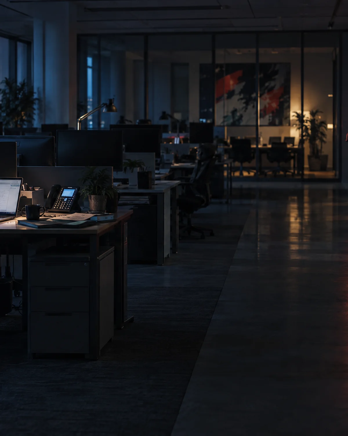 An empty office floor after hours, one laptop still lit on a desk and a red badge-reader light on a glass door in the background