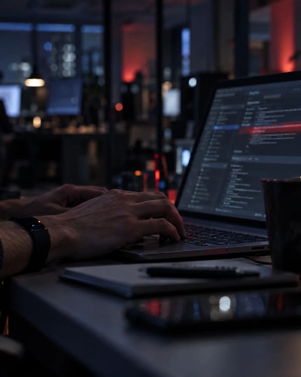 A developer's hands on a laptop in a dim office after hours, an API console on the screen with one line highlighted in red