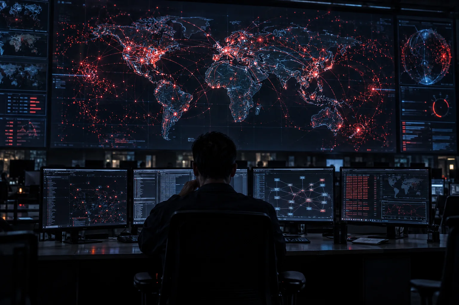 A security operations room at night: one analyst in front of a wall display mapping an infrastructure with thousands of red probe markers
